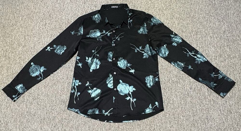 ZEROYAA Mens S Black Teal Metallic Rose Floral Print Button Up Dress Shirt Long